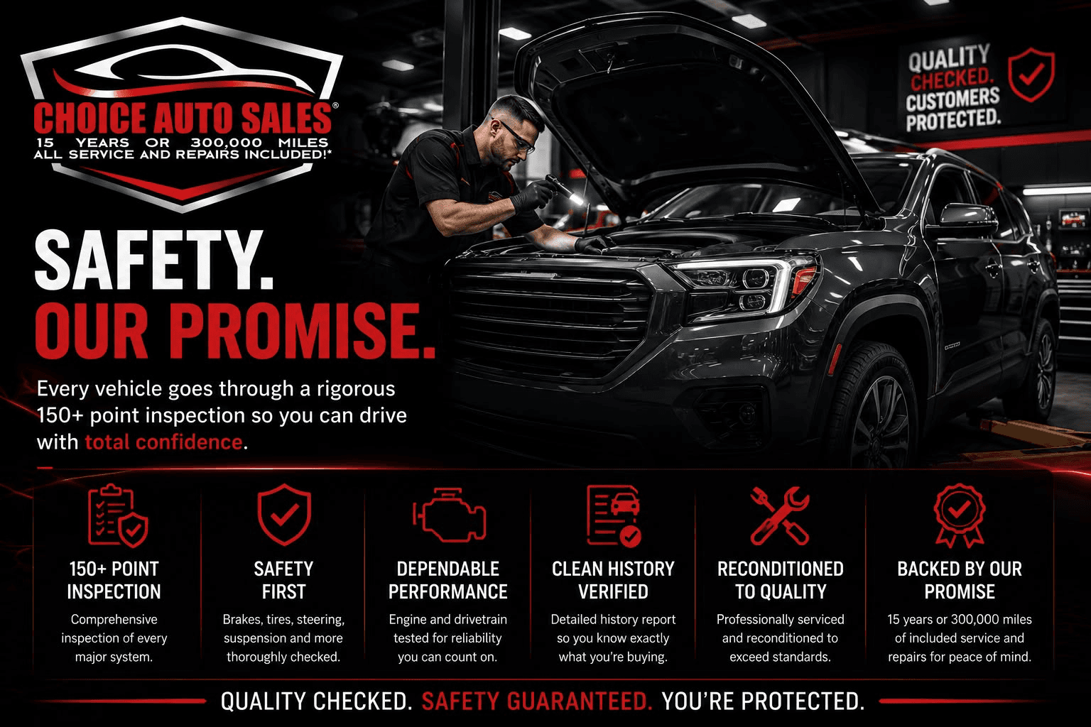 Choice Auto Sales promotional poster showing a service inspection scene and safety promise messaging.