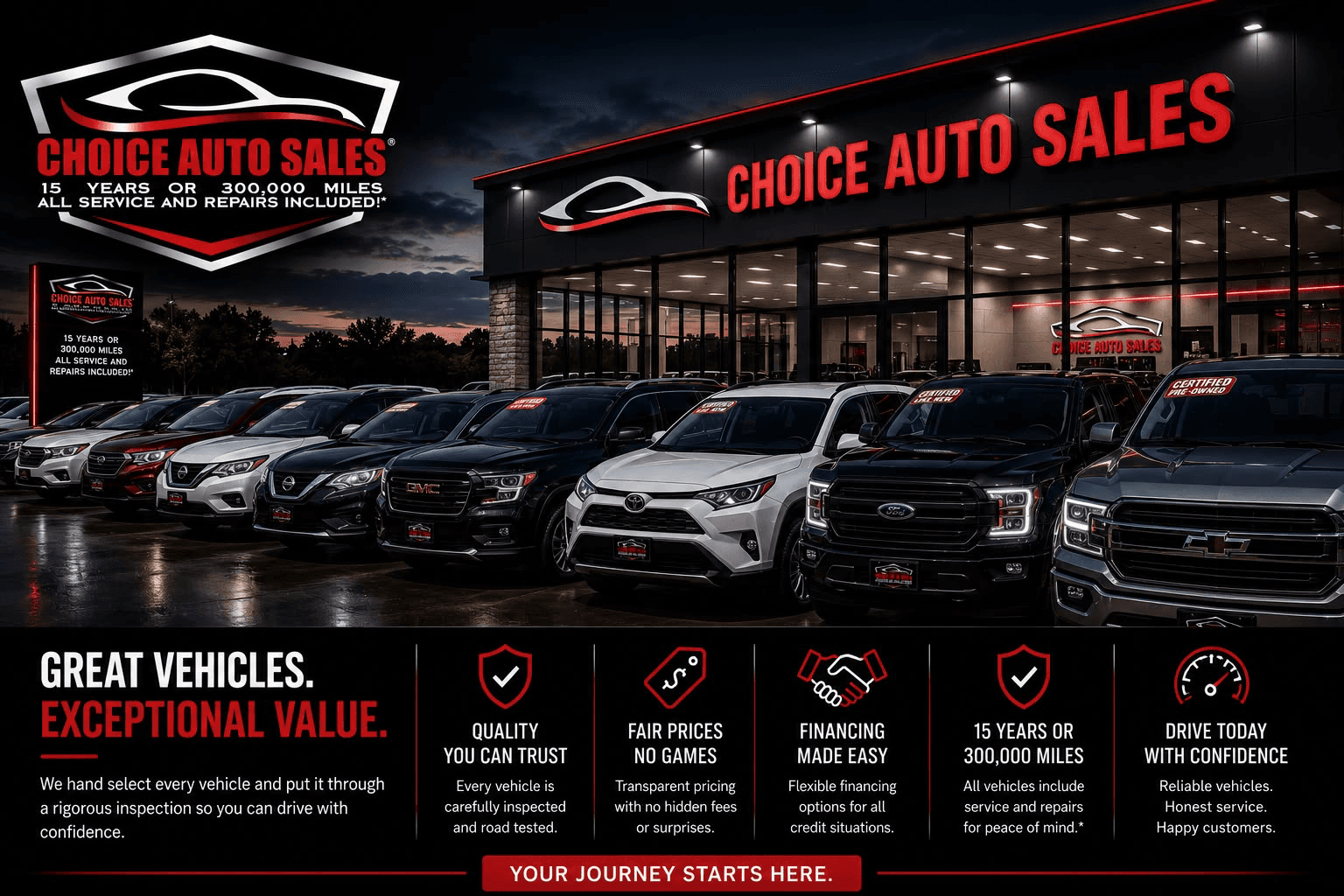Choice Auto Sales promotional poster showing a dealership exterior, vehicle lineup, and customer value messaging.